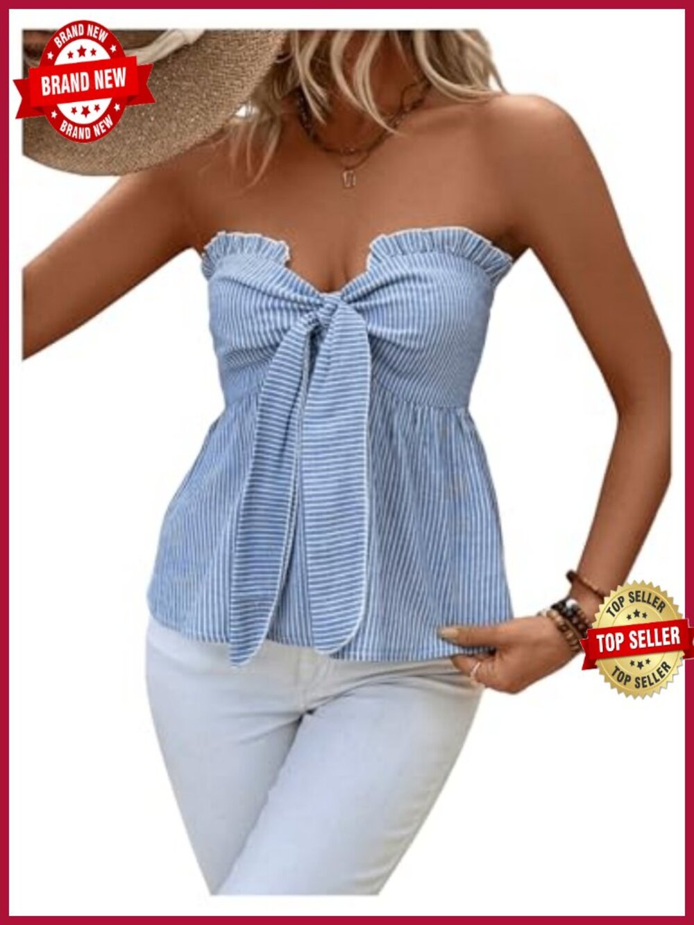 Strapless Tie Front Tube Peplum Top Striped Bandeau Bow Summer Cute Y2K Going